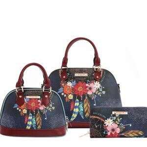 Nicole Lee Navy and Burgundy Floral Satchel Set